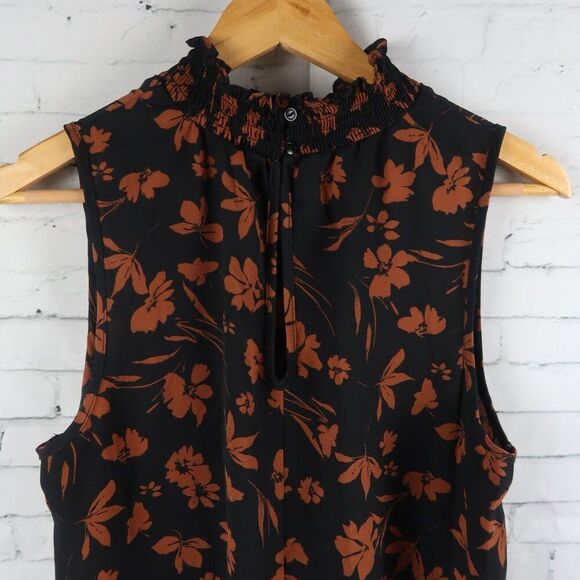 SIENNA SKY BLACK WITH BROWN FLORAL PRINT SLEEVELESS RUFFLE HEM TOP SIZE MEDIUM - Picture 6 of 7